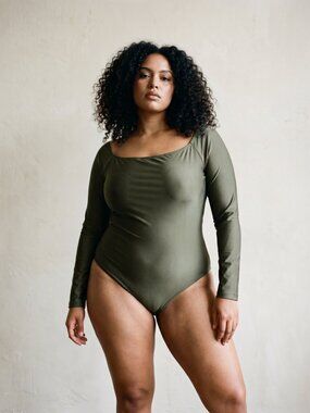 Olive Green Long Sleeve One Piece Swimsuit